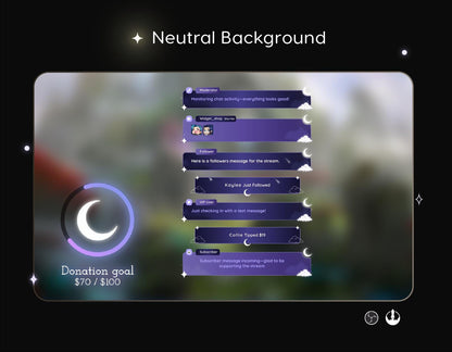 Chrystal Moon Elegant Chat and Goal Stream Widgets - Minimal, Starry Night Moon Theme Clean Vibe Streamelement Only