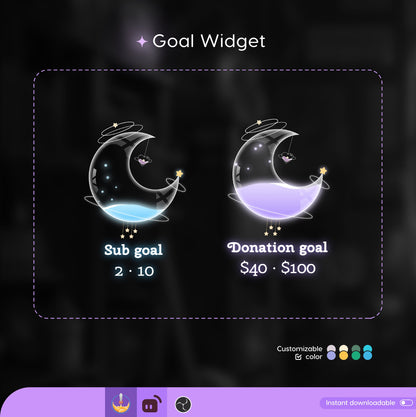 Celestial Cute Moon Liquid Filling Goal Widget is fully customisable for Twitch Streamlabs, TikTok Studio, and Streamelements.