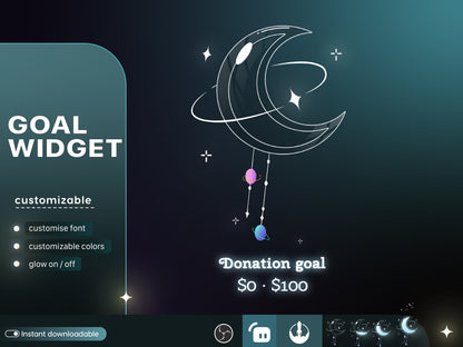 Celestial Moon Cute Liquid Filling Goal Widget is fully customisable for Twitch Streamlabs, TikTok Studio, and Streamelements.