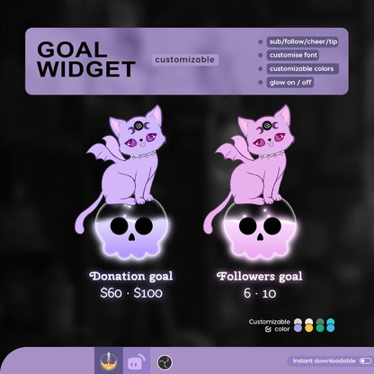 Cat Goth Goal Widget | Cat Skull Liquid Filling Goal Widget is fully customisable for Twitch Streamlabs, TikTok Studio, and Streamelements