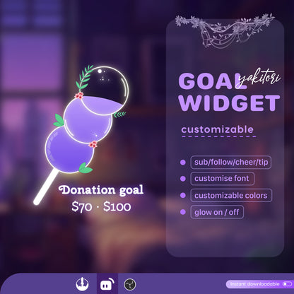Yakitori Skewered Liquid Filling Goal Widget is fully customisable for Twitch Streamlabs, TikTok Studio, and Streamelements.
