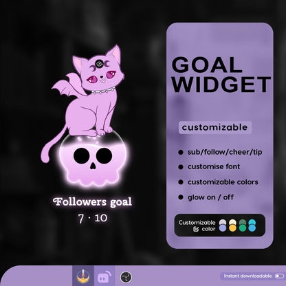 Cat Goth Goal Widget | Cat Skull Liquid Filling Goal Widget is fully customisable for Twitch Streamlabs, TikTok Studio, and Streamelements