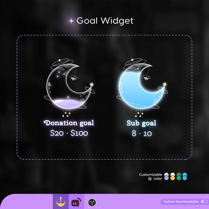 Celestial Cute Moon Liquid Filling Goal Widget is fully customisable for Twitch Streamlabs, TikTok Studio, and Streamelements.