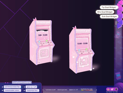 Game Machine Old Arcade Liquid Filling Goal Widget is fully customisable for Twitch Streamlabs, TikTok Studio, and Streamelements.