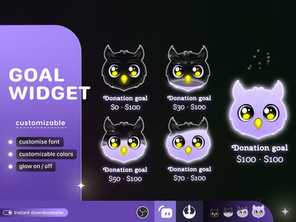 Cute Owl Liquid Filling Goal Widget is fully customisable for Twitch Streamlabs, TikTok Studio, and Streamelements.