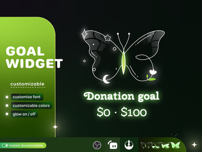 Butterfly Liquid Filling Goal Widget is fully customisable for Twitch Streamlabs, TikTok Studio, and Streamelements.