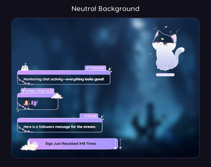 Lunar Cat Aesthetic Light Purple Chat & Goal Stream Widgets - Animated, celestial Elegant Lunar Theme Clean Vibe Streamelement Only