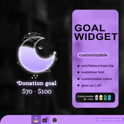Celestial Cute Moon Liquid Filling Goal Widget is fully customisable for Twitch Streamlabs, TikTok Studio, and Streamelements.