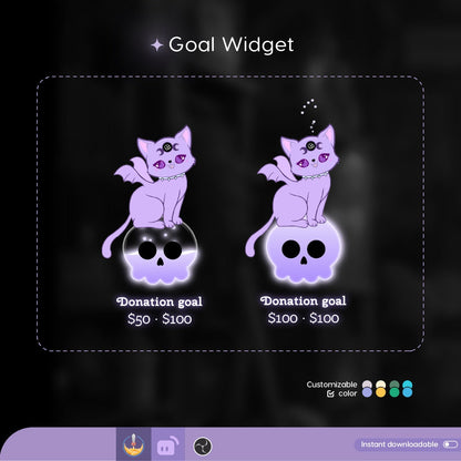 Cat Goth Goal Widget | Cat Skull Liquid Filling Goal Widget is fully customisable for Twitch Streamlabs, TikTok Studio, and Streamelements
