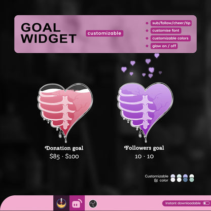Heart Skeleton Goal Widget Liquid Filling Goal Widget is fully customisable for Twitch Streamlabs, TikTok Studio, and Streamelements