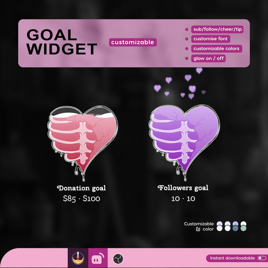 Heart Skeleton Goal Widget Liquid Filling Goal Widget is fully customisable for Twitch Streamlabs, TikTok Studio, and Streamelements