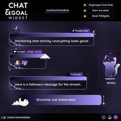 Lunar Cat Aesthetic Dark Purple Chat & Goal Stream Widgets - Animated, celestial Elegant Lunar Theme Clean Vibe Streamelement Only