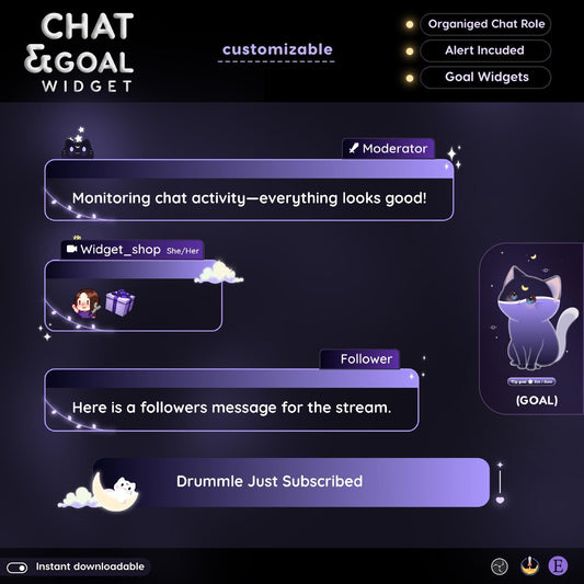 Lunar Cat Aesthetic Dark Purple Chat & Goal Stream Widgets - Animated, celestial Elegant Lunar Theme Clean Vibe Streamelement Only