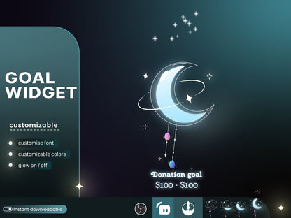 Celestial Moon Cute Liquid Filling Goal Widget is fully customisable for Twitch Streamlabs, TikTok Studio, and Streamelements.