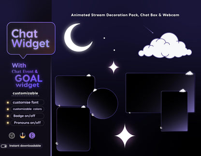 Chrystal Moon Elegant Chat and Goal Stream Widgets - Minimal, Starry Night Moon Theme Clean Vibe Streamelement Only