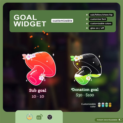 Mushroom Goal Widget |  Liquid Filling Goal Widget is fully customisable for Twitch Streamlabs, TikTok Studio, and Streamelements
