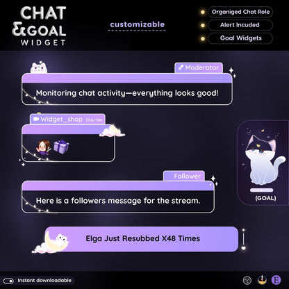 Lunar Cat Aesthetic Light Purple Chat & Goal Stream Widgets - Animated, celestial Elegant Lunar Theme Clean Vibe Streamelement Only
