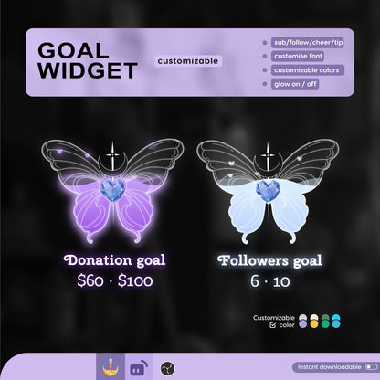 Diamond Butterfly Liquid Filling Goal Widget is fully customisable for Twitch Streamlabs, TikTok Studio, and Stream-elements