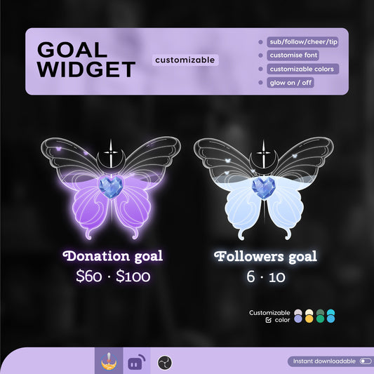 Diamond Butterfly Liquid Filling Goal Widget is fully customisable for Twitch Streamlabs, TikTok Studio, and Stream-elements
