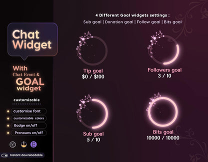 Classical Floral Red Chat and Goal Widget •Minimal, Starry, Mystical• Chat Box with Pronouns & Alerts for Twitch StreamElements