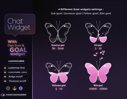 Lotus Butterfly Glass Transparent Chat and Goal Stream Widgets - Minimal, Elegant Glass Theme Clean Vibe Streamelement Only