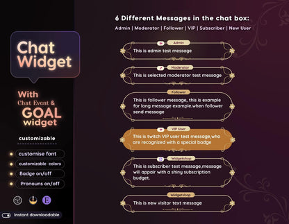 Classical Floral Red Chat and Goal Widget •Minimal, Starry, Mystical• Chat Box with Pronouns & Alerts for Twitch StreamElements
