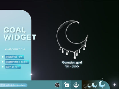 Cute Melting Moon Liquid Filling Goal Widget is fully customisable for Twitch Streamlabs, TikTok Studio, and Streamelements.