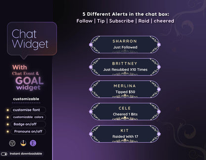 Classical Floral Purple Chat and Goal Widget •Minimal, Starry, Mystical• Chat Box with Pronouns & Alerts for Twitch Streams (StreamElements)