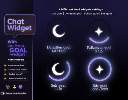 Chrystal Moon Elegant Chat and Goal Stream Widgets - Minimal, Starry Night Moon Theme Clean Vibe Streamelement Only