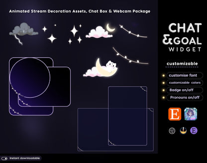 Lunar Cat Aesthetic Light Purple Chat & Goal Stream Widgets - Animated, celestial Elegant Lunar Theme Clean Vibe Streamelement Only