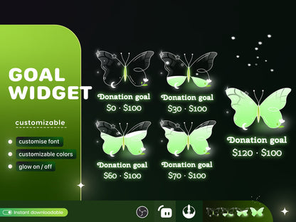 Butterfly Liquid Filling Goal Widget is fully customisable for Twitch Streamlabs, TikTok Studio, and Streamelements.