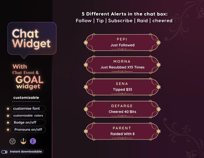 Classical Floral Red Chat and Goal Widget •Minimal, Starry, Mystical• Chat Box with Pronouns & Alerts for Twitch StreamElements