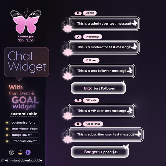 Lotus Butterfly Glass Transparent Chat and Goal Stream Widgets - Minimal, Elegant Glass Theme Clean Vibe Streamelement Only