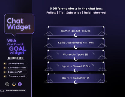 Chrystal Moon Elegant Chat and Goal Stream Widgets - Minimal, Starry Night Moon Theme Clean Vibe Streamelement Only