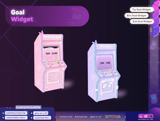 Game Machine Old Arcade Liquid Filling Goal Widget is fully customisable for Twitch Streamlabs, TikTok Studio, and Streamelements.