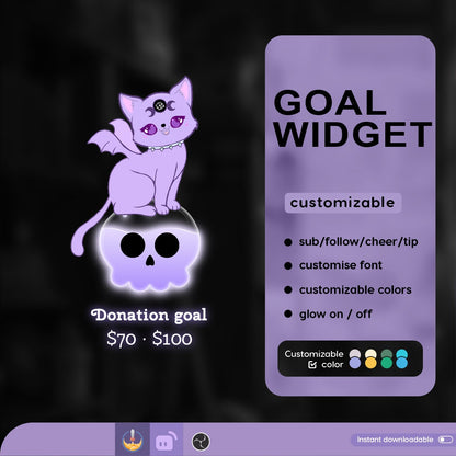 Cat Goth Goal Widget | Cat Skull Liquid Filling Goal Widget is fully customisable for Twitch Streamlabs, TikTok Studio, and Streamelements