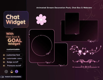 Classical Floral Red Chat and Goal Widget •Minimal, Starry, Mystical• Chat Box with Pronouns & Alerts for Twitch StreamElements