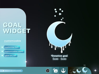Cute Melting Moon Liquid Filling Goal Widget is fully customisable for Twitch Streamlabs, TikTok Studio, and Streamelements.