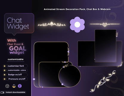 Classical Floral Purple Chat and Goal Widget •Minimal, Starry, Mystical• Chat Box with Pronouns & Alerts for Twitch Streams (StreamElements)