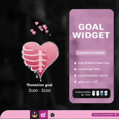 Heart Skeleton Goal Widget Liquid Filling Goal Widget is fully customisable for Twitch Streamlabs, TikTok Studio, and Streamelements