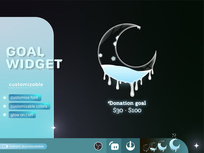 Cute Melting Moon Liquid Filling Goal Widget is fully customisable for Twitch Streamlabs, TikTok Studio, and Streamelements.