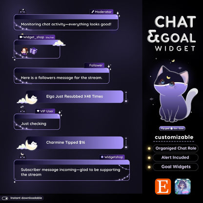Lunar Cat Aesthetic Dark Purple Chat & Goal Stream Widgets - Animated, celestial Elegant Lunar Theme Clean Vibe Streamelement Only