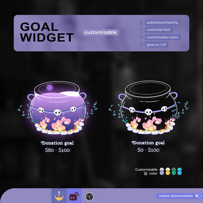 Spooky Cauldron Liquid Filling Goal Widget is fully customisable for Twitch Streamlabs, TikTok Studio, and Stream-elements.