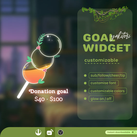Yakitori Skewered Liquid Filling Goal Widget is fully customisable for Twitch Streamlabs, TikTok Studio, and Streamelements.