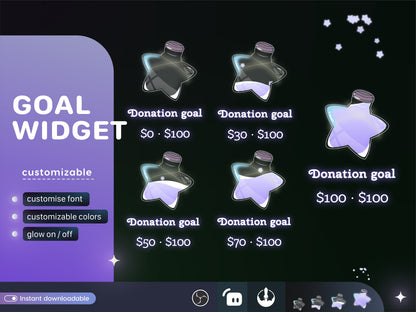 Cute Star Bottle Liquid Filling Goal Widget is fully customisable for Twitch Streamlabs, TikTok Studio, and Streamelements.