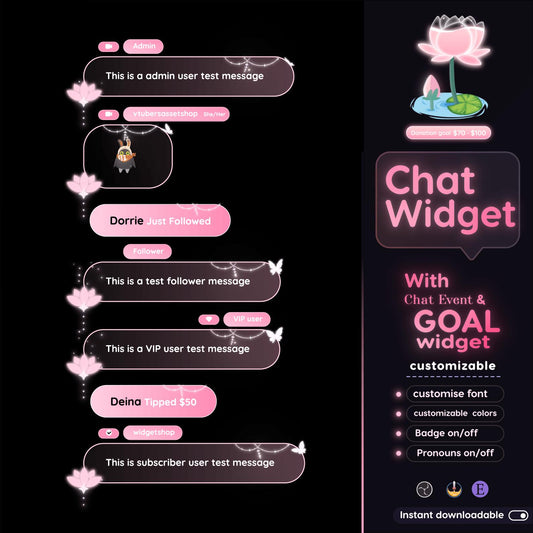 Dreamy Lotus Glass Transparent Chat and Goal Stream Widgets - Minimal, Elegant Glass Theme Clean Vibe Streamelement Only