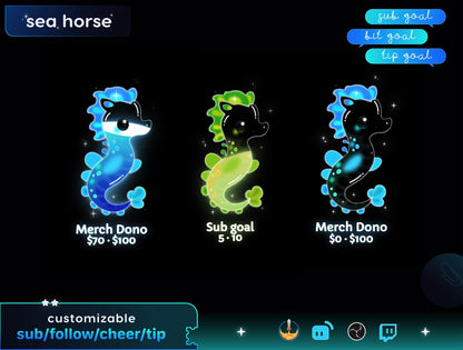 Cute Sea Horse Liquid Filling Goal Widget is fully customisable for Twitch Streamlabs, TikTok Studio, and Streamelements