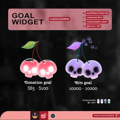 Twin skull berry Goal Widget | cute fully customisable for Twitch Streamlabs, TikTok Studio, and Streamelements
