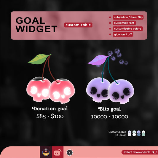 Twin skull berry Goal Widget | cute fully customisable for Twitch Streamlabs, TikTok Studio, and Streamelements