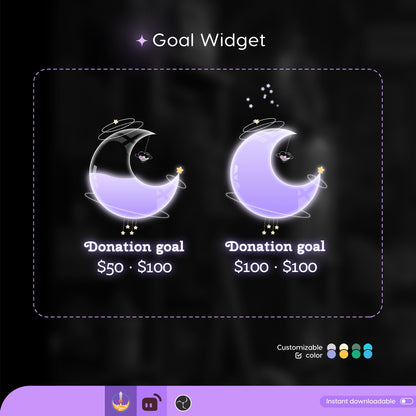 Celestial Cute Moon Liquid Filling Goal Widget is fully customisable for Twitch Streamlabs, TikTok Studio, and Streamelements.